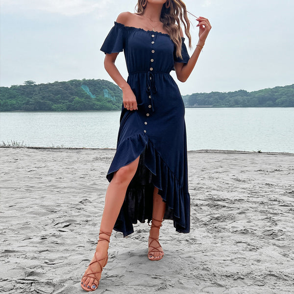 Off-the-Shoulder High-Low Dress with Button-Front Detail