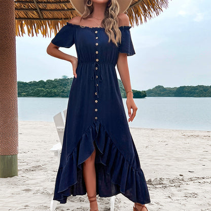 Off-the-Shoulder High-Low Dress with Button-Front Detail