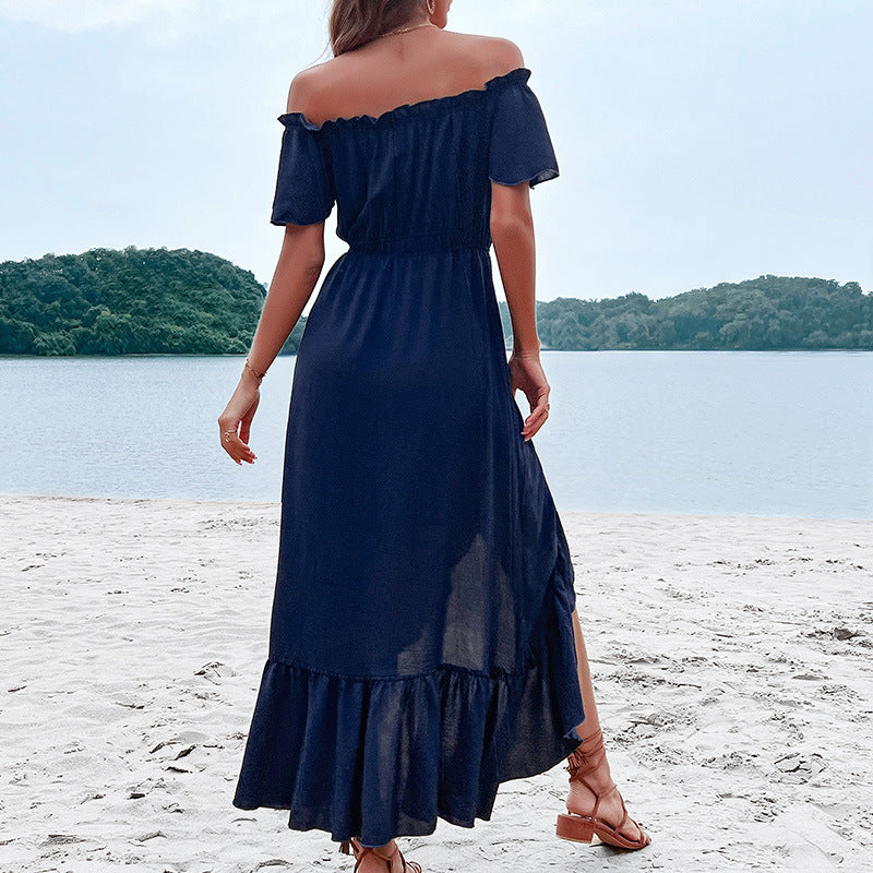 Off-the-Shoulder High-Low Dress with Button-Front Detail