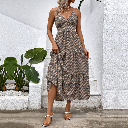 Geometric Print Tiered Midi Dress with V-Neck Spaghetti Straps