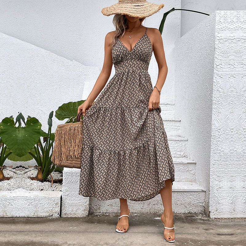 Geometric Print Tiered Midi Dress with V-Neck Spaghetti Straps