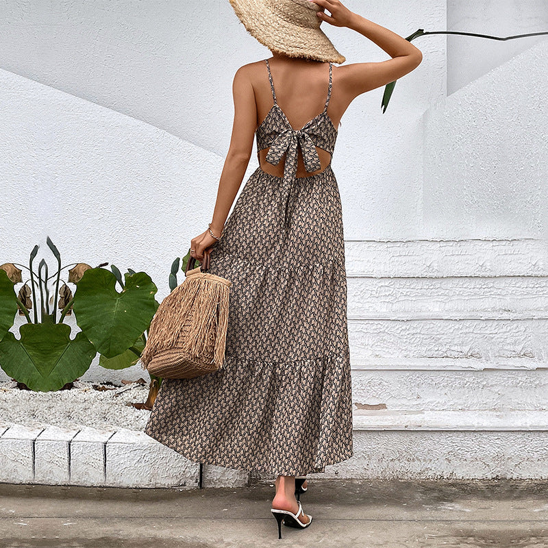 Geometric Print Tiered Midi Dress with V-Neck Spaghetti Straps