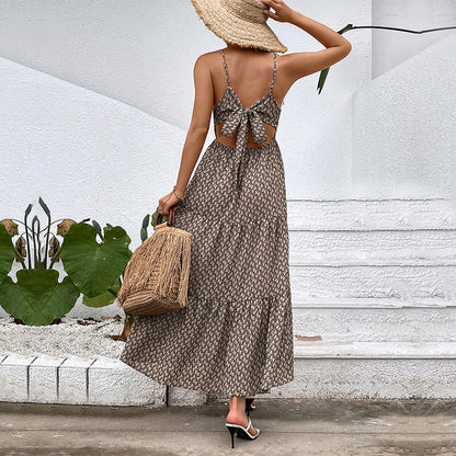 Geometric Print Tiered Midi Dress with V-Neck Spaghetti Straps
