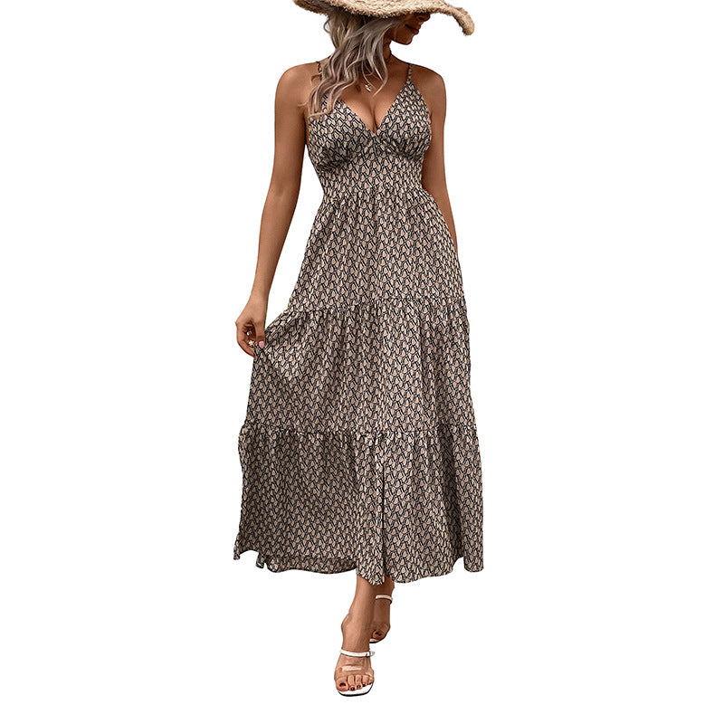 Geometric Print Tiered Midi Dress with V-Neck Spaghetti Straps
