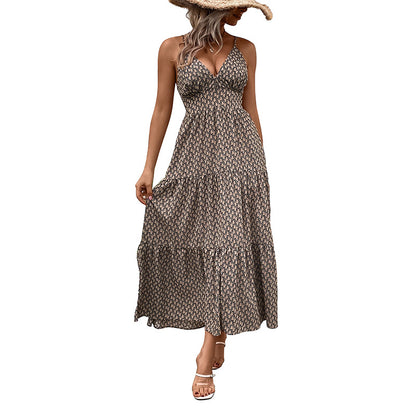 Geometric Print Tiered Midi Dress with V-Neck Spaghetti Straps