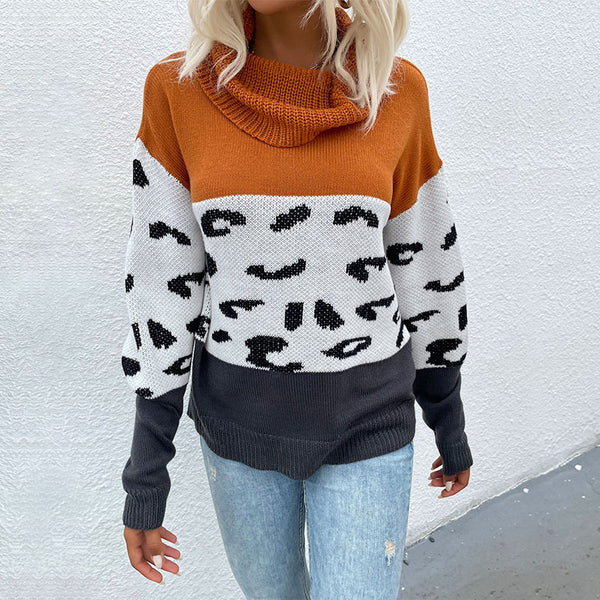 Color-Block Leopard Print Pullover with Cowl Neck