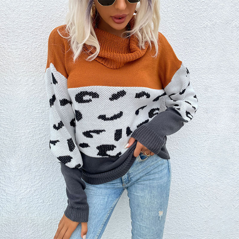 Color-Block Leopard Print Pullover with Cowl Neck