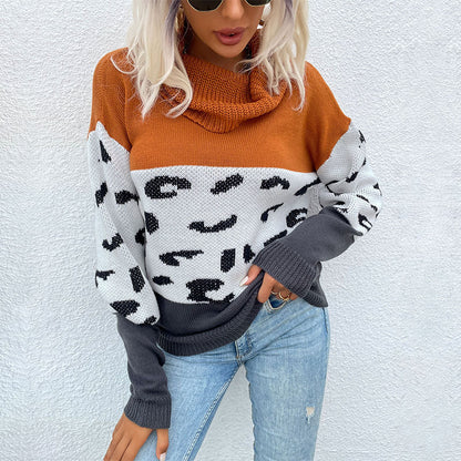 Color-Block Leopard Print Pullover with Cowl Neck
