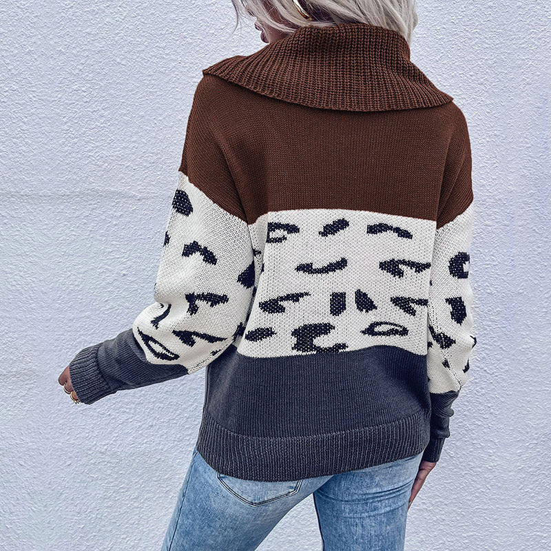 Color-Block Leopard Print Pullover with Cowl Neck