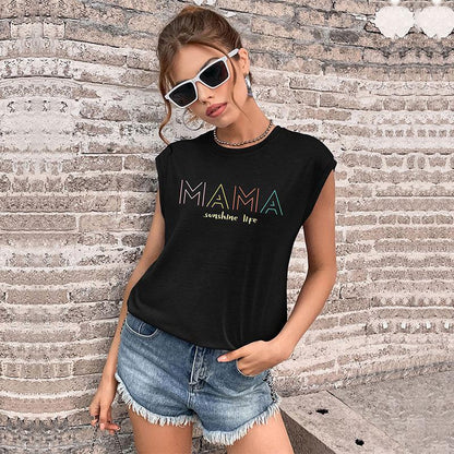 Loose Graphic Print T-Shirt with Cap Sleeves and Crewneck