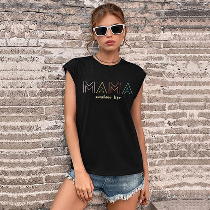 Loose Graphic Print T-Shirt with Cap Sleeves and Crewneck