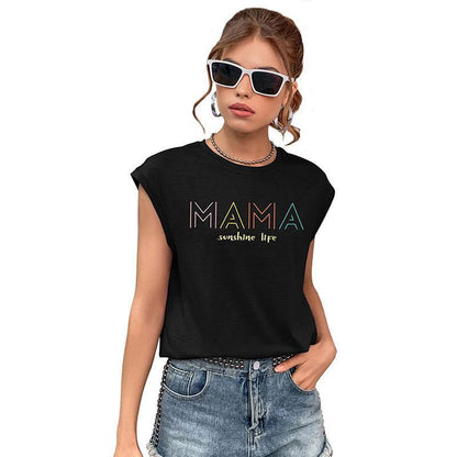 Loose Graphic Print T-Shirt with Cap Sleeves and Crewneck