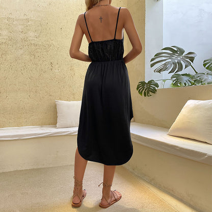 A-Line Midi Dress with Lace Patchwork and Spaghetti Straps