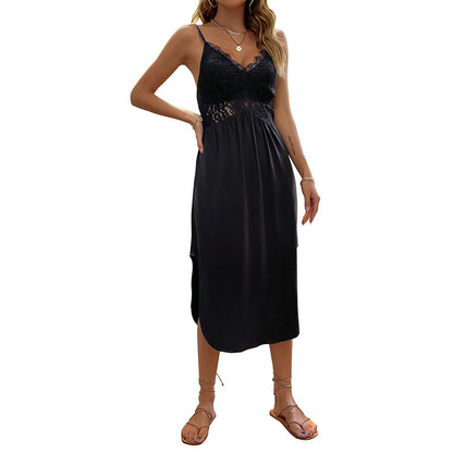A-Line Midi Dress with Lace Patchwork and Spaghetti Straps