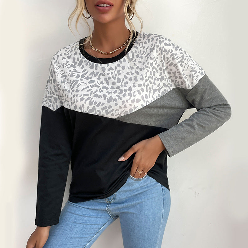 Color-Blocked Crewneck Top with Leopard Print