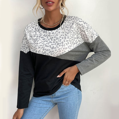 Color-Blocked Crewneck Top with Leopard Print