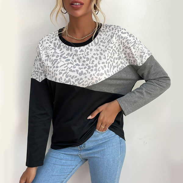 Color-Blocked Crewneck Top with Leopard Print