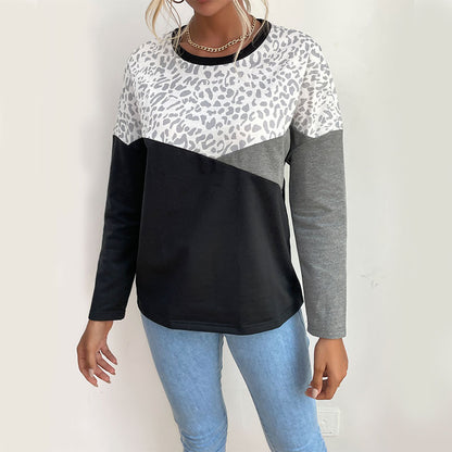 Color-Blocked Crewneck Top with Leopard Print