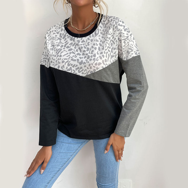 Color-Blocked Crewneck Top with Leopard Print