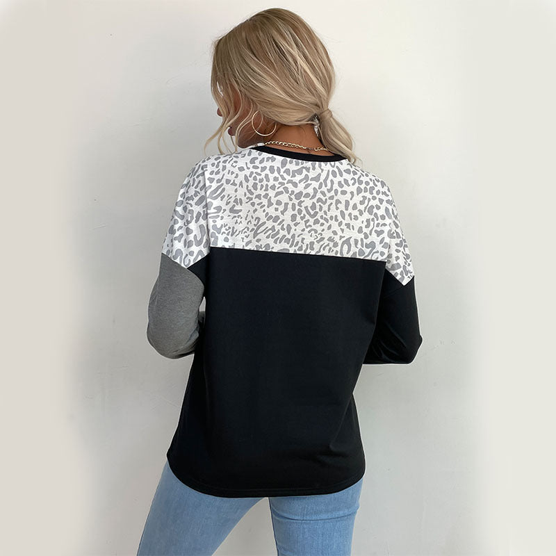 Color-Blocked Crewneck Top with Leopard Print