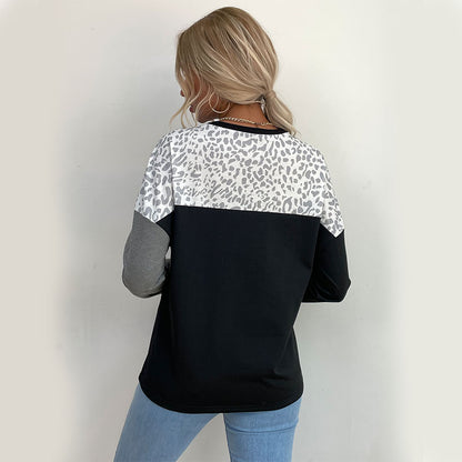 Color-Blocked Crewneck Top with Leopard Print