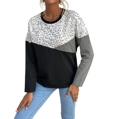 Color-Blocked Crewneck Top with Leopard Print