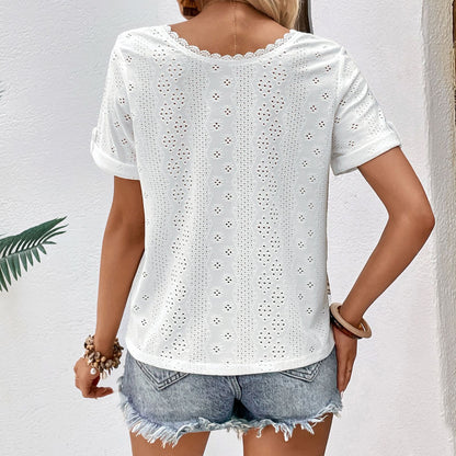 Eyelet Blouse with Lace Trim V-Neck and Button Front