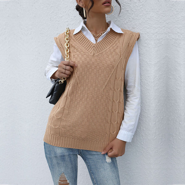 Loose Cable Knit Sweater Vest with Ribbed V-Neck