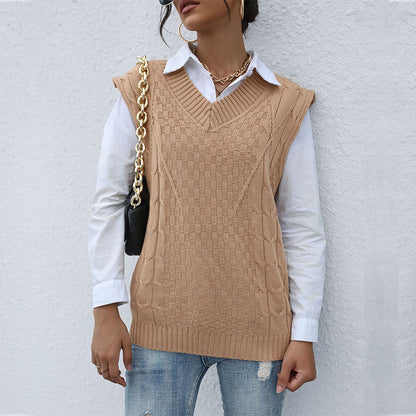Loose Cable Knit Sweater Vest with Ribbed V-Neck