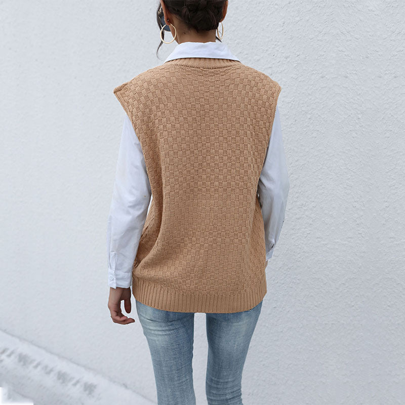 Loose Cable Knit Sweater Vest with Ribbed V-Neck
