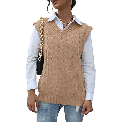 Loose Cable Knit Sweater Vest with Ribbed V-Neck