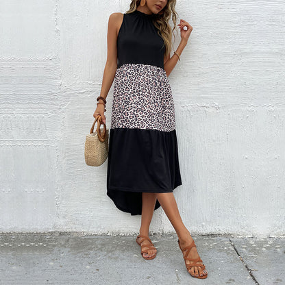 Leopard Print Patchwork Midi Dress with High-Low Hem