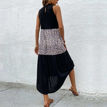 Leopard Print Patchwork Midi Dress with High-Low Hem