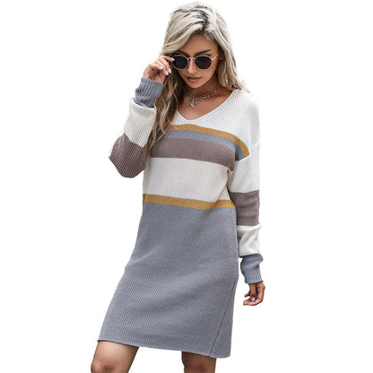 Color-Blocked Knit Sweater Dress with V-Neck and Long Sleeves