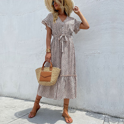 Leopard Print A-Line Midi Dress with V-Neck and Flutter Sleeves
