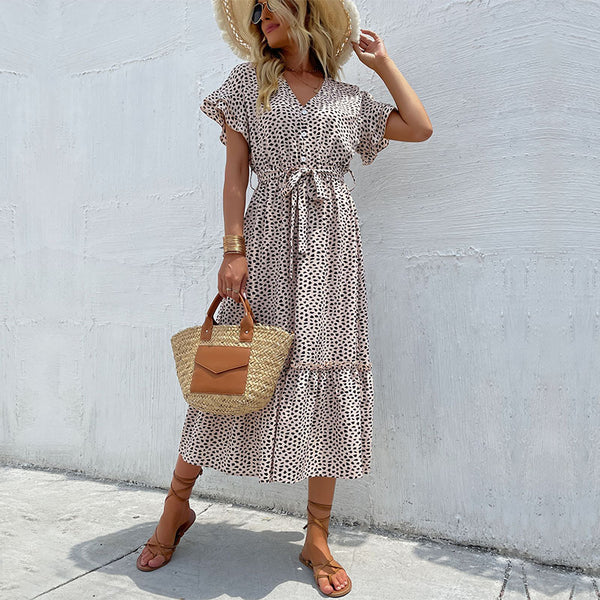 Leopard Print A-Line Midi Dress with V-Neck and Flutter Sleeves