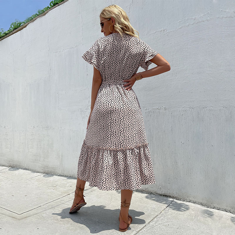 Leopard Print A-Line Midi Dress with V-Neck and Flutter Sleeves