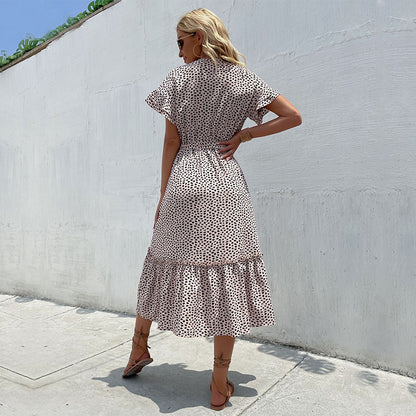 Leopard Print A-Line Midi Dress with V-Neck and Flutter Sleeves