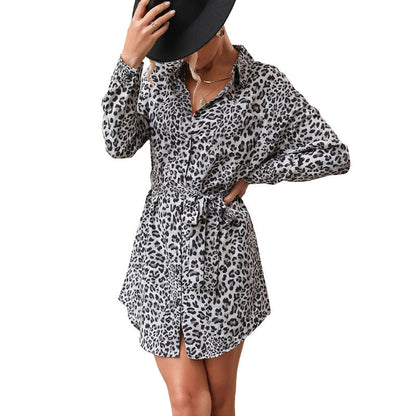 Leopard Print Mini Shirt Dress with Tie-Waist