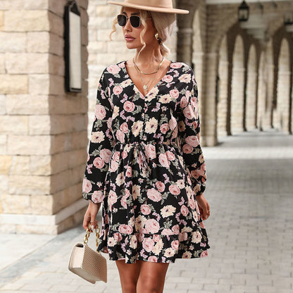 Floral Print Mini Dress with V-Neck and Tie-Waist