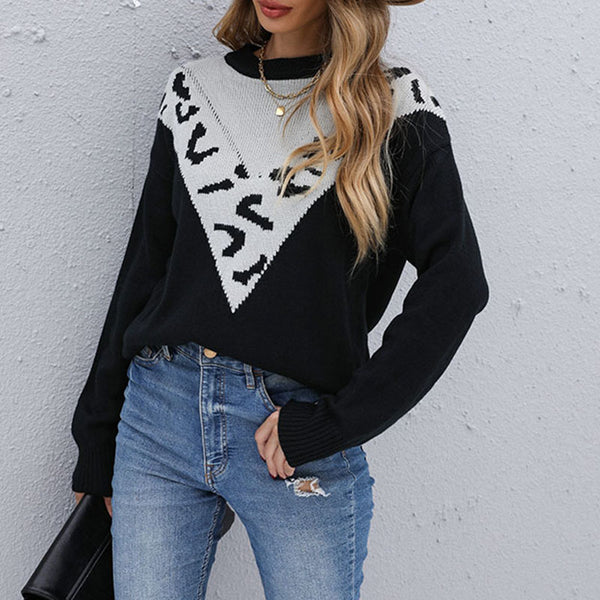 Leopard Print Color-Block Knit Sweater with Crewneck