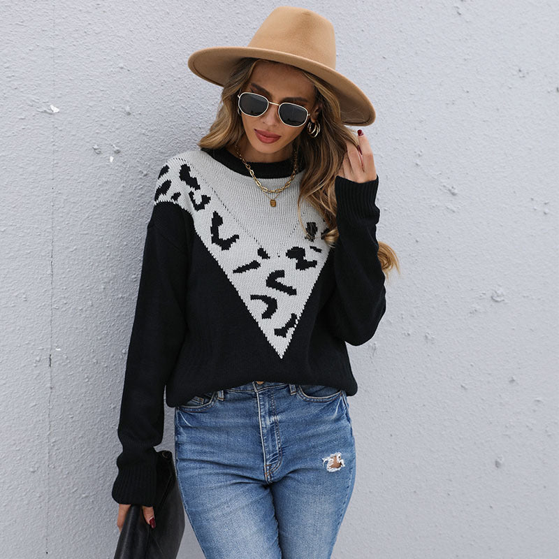 Leopard Print Color-Block Knit Sweater with Crewneck