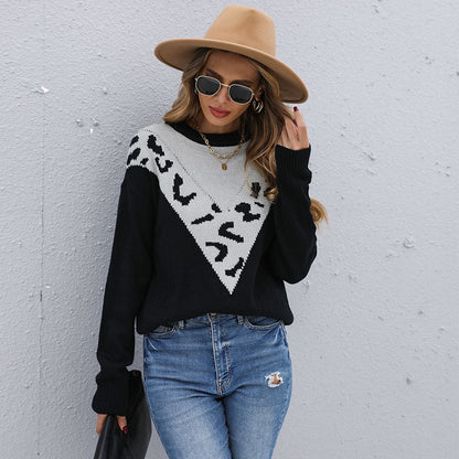 Leopard Print Color-Block Knit Sweater with Crewneck
