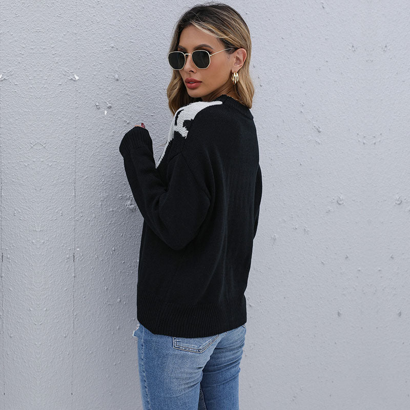 Leopard Print Color-Block Knit Sweater with Crewneck