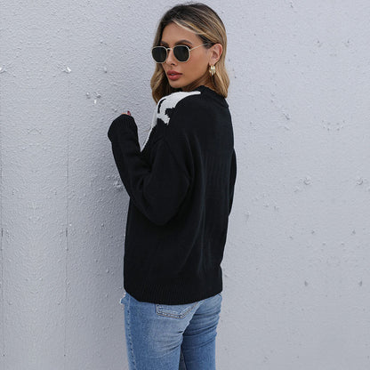 Leopard Print Color-Block Knit Sweater with Crewneck