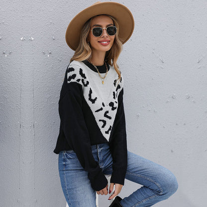 Leopard Print Color-Block Knit Sweater with Crewneck