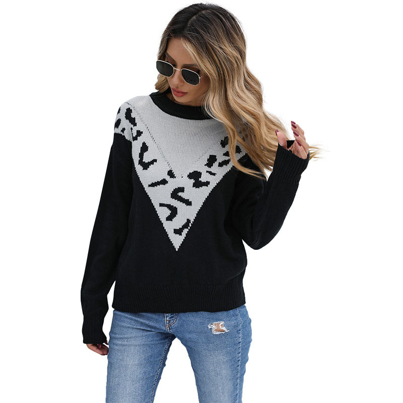 Leopard Print Color-Block Knit Sweater with Crewneck