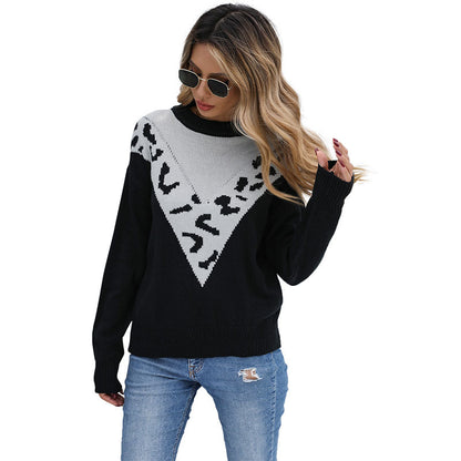 Leopard Print Color-Block Knit Sweater with Crewneck