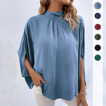 Solid Loose Blouse with Batwing Sleeves and Gathered Mock Neck