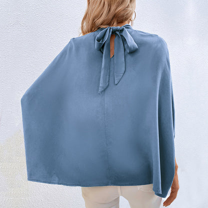 Solid Loose Blouse with Batwing Sleeves and Gathered Mock Neck